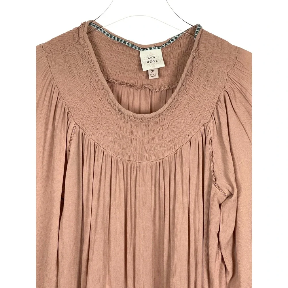 Knox Rose Blouse Womens XL Pink Excellent Smocked Boho 3/4 Sleeve Rayon Top - Picture 4 of 15